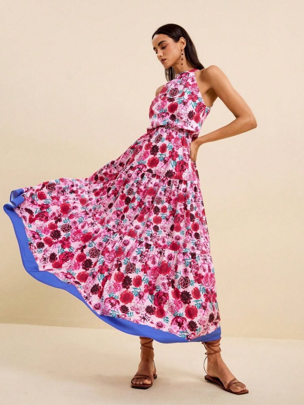 Multicolor Boho Women's Sleeveless Ditsy Floral Waist Cinched Dress